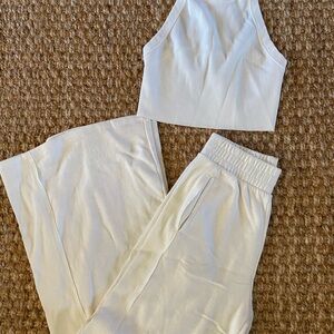 Free People Cream Ribbed Lounge Set – Size Small – NWOT Wide Leg Pants + Tank